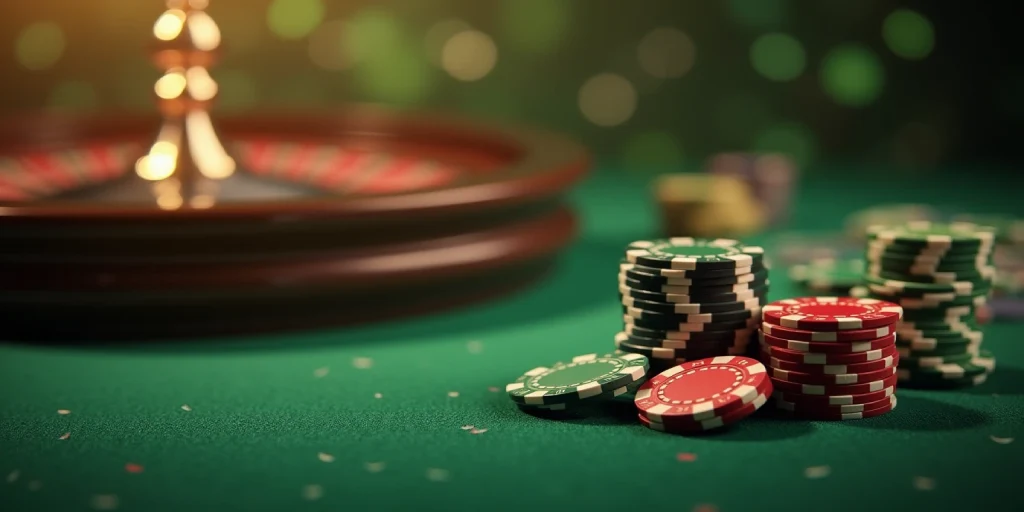 in the foreground casino chips and roulette in green tons.